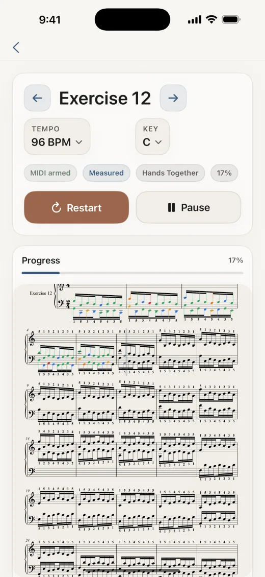 Practice setup with Hanon exercise controls